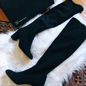 Black Suede Over the Knee Heeled Boots